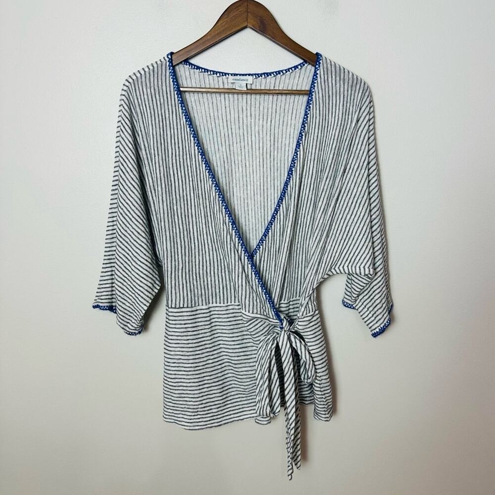 Sundance Striped V-Neck Wrap Top Women’s Size Small Linen Tie Waist Casual